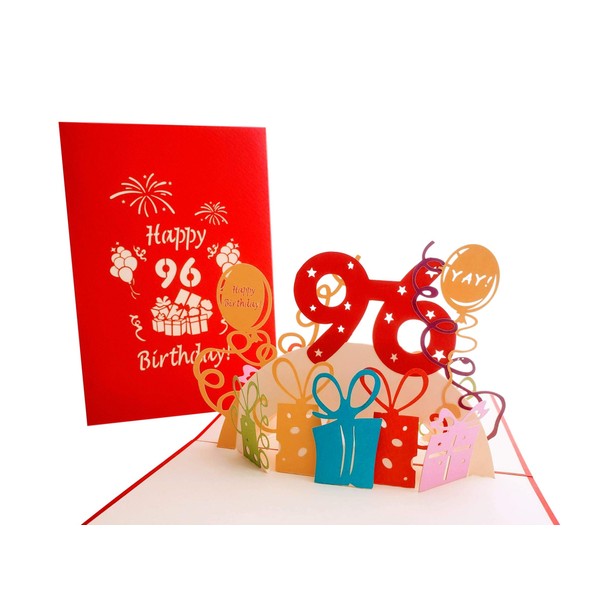 iGifts And Cards Happy 96th Birthday with Presents 3D Pop Up Greeting Card – Ninety-six, Awesome, Balloons, Unique, Celebration, Cool, Feliz Cumpleaños, Party, Congrtas