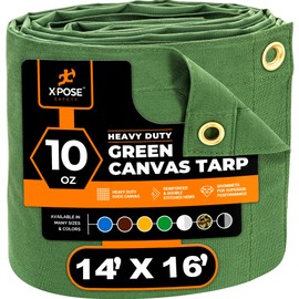 Xpose Safety Canvas Tarp - 10oz Green Canvas Tarps Heavy Duty Water Resistant with Brass Grommets- Multipurpose Outdoor Tarpaulin for Camping, Canopy, Trailer, Equipment Cover 14' x 16'