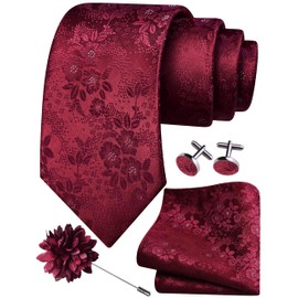 GUSLESON Burgundy Tie for Men Solid Silk Floral Wedding Necktie Pocket Square Cufflinks and Lapel Pin Brooch Set (6107-05)