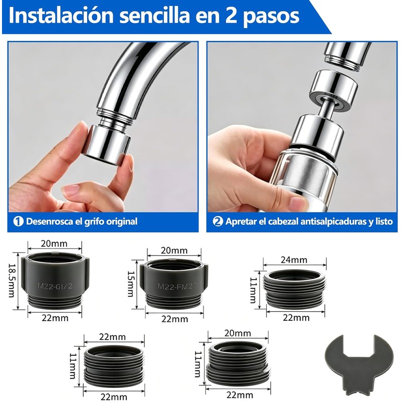 Aireador de Grifo Cocina con Filtro, 3 Modos Extensor G1/2
