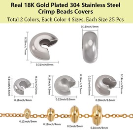 Beebeecraft 200Pcs 8 Style Crimp Beads 4/5.5/6.5/8mm 18K Gold Plated 304 Stainless Steel Knot Covers Half Round Open Crimp Bead for Jewelry Making Bracelet Necklace DIY Crafts Findings