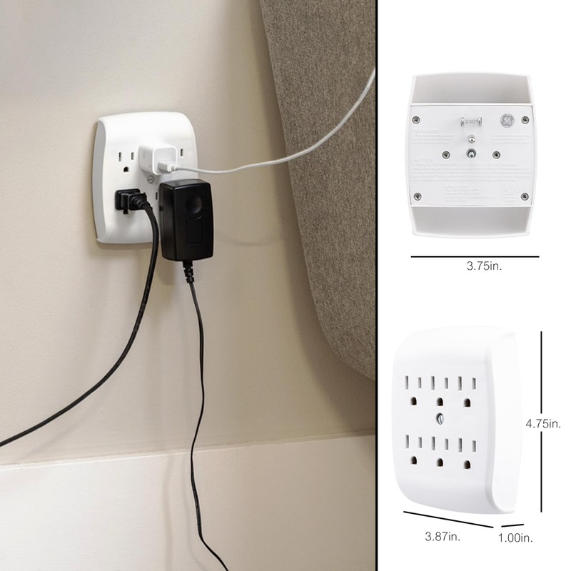 GE 6-Outlet Extender Wall Tap, Grounded Adapter, Outlet Splitter, Charging