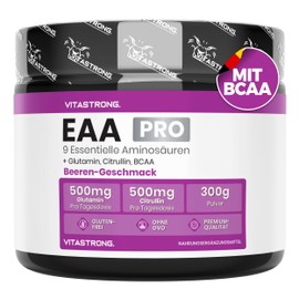 EAA Pulver 300g, Aminosäuren Essenziell EAA PRO Vitastrong, 9 Essentielle Aminosäuren Pulver 300g, BCAA, Glutamin, L-Citrullin, (20 Portionen (1er-Packung), Berries)