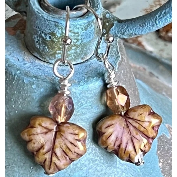 LOVE beads Silver with Opalescent Dusty Rose Leaves. Fall. Autumn