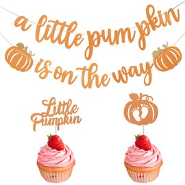 Pumpkin Baby Shower Decorations A Little Pumpkin is On the Way Banner and Little Pumpkin Cupcake Toppers Orange Glitter Pumpkin Birthday Party Decorations Thanksgiving Fall Theme Gender Reveal