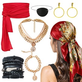 Pirate Costume Accessories Set for Women Pirate Head Scarf Pirate Sash Belt Necklace Bracelets Eye Patch Earrings Dress Accessories for Cosplay Party Pirate Dress-Up Parties Carnival (7 Pcs)