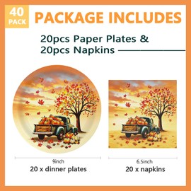 40 Pcs Fall Paper Plates and Napkins 9 inch Dinner Plates Tableware Set