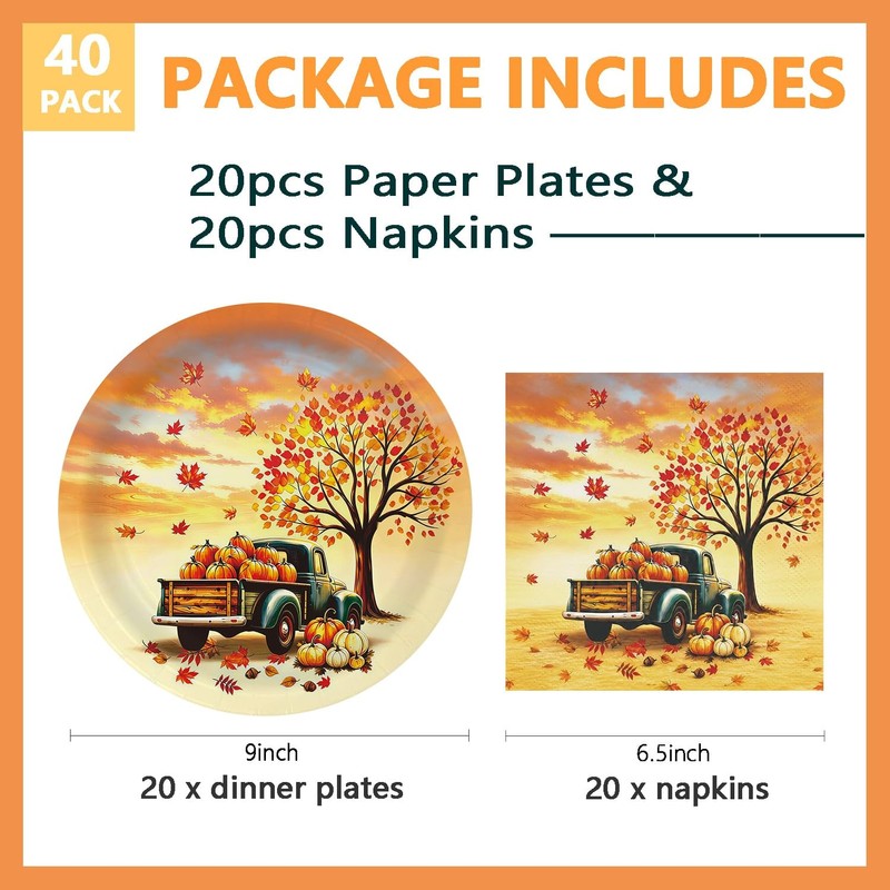 40 Pcs Fall Paper Plates and Napkins 9 inch Dinner