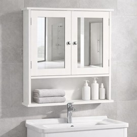Panana Wall Mounted Bathroom Cabinet Wall Cabinet with 2 Mirrored Doors and Open Compartment, Inner Adjustable Shelf, 22" x 5.1" x 22.8" (White)