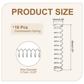 sourcing map Small Compression Spring 10 mm OD 0.7 mm Wire Diameter 50 mm Free Length 304 Stainless Steel Extension Spring for Shop Home Repairs DIY Projects (Silver Tone, Pack of 10)