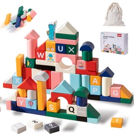 Aieocoi Wooden Blocks Set 88Pcs Building Blocks for Toddlers Shape Sorting Stacking Toy Natural Wood Storage Bag Educational Toy Set (Aie-02)