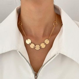 Sttiafay Boho Disc Coin Choker Necklace Round Coin Pendant Necklace Gold Sequin Disc Choker Necklace Layered Coin Chain Necklace Large Disc Coin Necklace Choker Hollow Circle Necklace