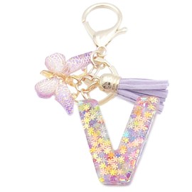 [Sqzrpomddy] Women Keychain Initial Charm Bag Charm Alphabet Purple Hanging Ornament, Purple V