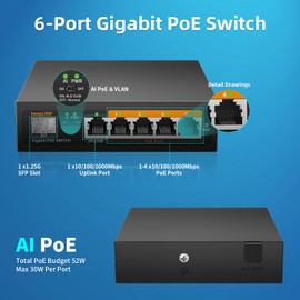 keepLiNK 6 Port Gigabit PoE Switch, 4 PoE+ Ports 1000Mbps, 1 Gigabit Uplink, 1 SFP Slot, 52W 802.3af/at, VLAN Mode, Fanless Metal, Unmanaged Plug and Play AI PoE Switch