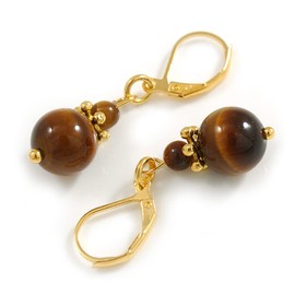 Delicate Tiger Eye Beaded Drop Earrings in Gold Tone - 35mm Long