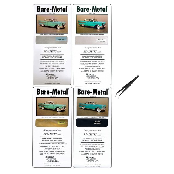 Bare Metal Foil Model Adhesive Sheet, Chrome, Matte Aluminum, Gold, and Black Chrome, 6x11.75 Sheets (Pack of 4) - with Make Your Day Curved Tweezers