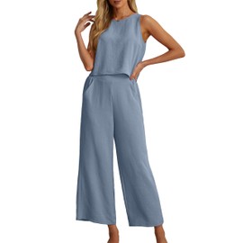 IWOLLENCE Women's Summer 2 Piece Outfits Set Round neck Sleeveless Tank Crop Top Wide Leg pants Set Pockets Jumpsuits Blue Gray X-Large