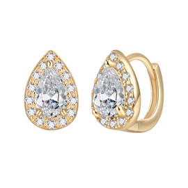 Crysdue 925 Sterling Silver Dainty Teardrop Clear Cubic Zirconia Gold Plated Hoop Stud Earrings for Women, Wedding Earrings for Bride Bridesmaid, Anniversary Christmas Party Prom Jewelry Gift