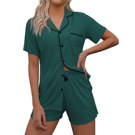 Ekouaer Womens Pajamas Set Classic Button Down Short Sleeve Sleepwear Nightwear Soft Pj Lounge Set,Green,Medium