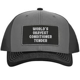 World's Okayest Conditioner Tender - Leather Black Patch Engraved Trucker Hat, Grey-Steel, One Size