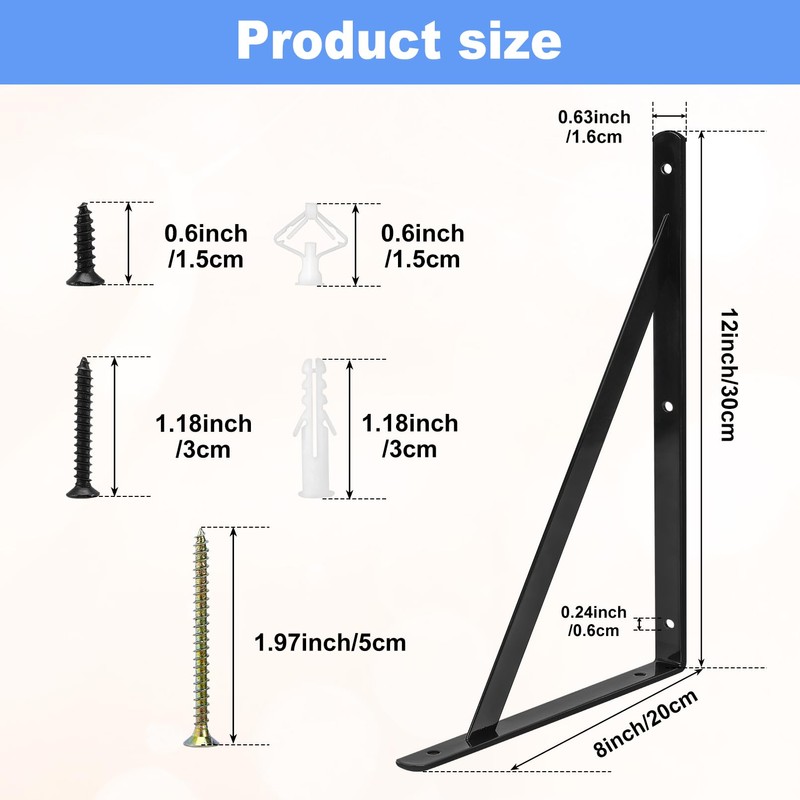 Gabotrie 6 Pack Heavy Duty Shelf Brackets,12 x 8 inch
