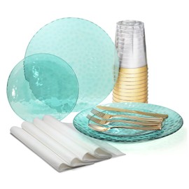 OCCASIONS 200pcs set (25 Guest)-Wedding Disposable Plastic Plates & cutlery - 10'', 7'' +paper napkins, Gold rim cups & Gold Silverware (Coastal Clear Blue)