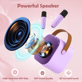 Aplsinvivi Mini Karaoke Machine, Portable Bluetooth Speaker with 2 Wireless Microphone, Microphone with 5 Voice Changing Effects & LED Light, Gifts for Girls Ages 4-12 +Year Old Birthday Party, Purple