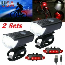 Bg Lights 2 Sets USB Rechargeable LED Bicycle Headlight Bike Front Rear Lamp Cycling USA
