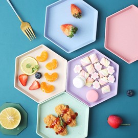 5 Pack 6 Inch Lightweight Mini Wheat Straw Plates, Reusable Hexagon Dessert Plates, Small Saucers Plates, Plastic Side Dish Plates for Serving Snack Appetizer Salad Fruit, Purple