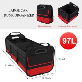 povtii Large Organizer for Car, 95L Stretchable Storage Trunk Organizer with Divided Compartments, Fixed Big Trunk Organizer with Handles & Adjustable Straps, Car Accessories (Black & Red)