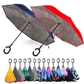 Parquet 2-Pack Double Layer Inverted Umbrellas - Leopard Navy and Red Shaped Handle Reverse Folding Windproof Umbrella for Men and Women