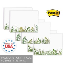 Watercolor Wild Greenery Sticky Note Pads / 4" x 3" Botanical Sticky Notes/Set of 6 Pads / 50 Sheets Per Pad/Three Unique Designs/Made in The USA