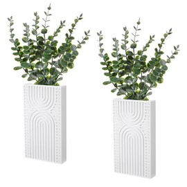 Ninehaoou 2 Pack Bohemian Wood Wall Planter Vase with Artificial Eucalyptus Farmhouse Boho Hanging Wall Decor for Modern Home Living Room Entryway Hallway Dining Room Bathroom Bedroom(White)