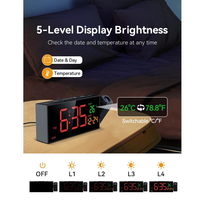 Netzu Projection Clock for Bedroom Ceiling, Alarm Clocks with 180°