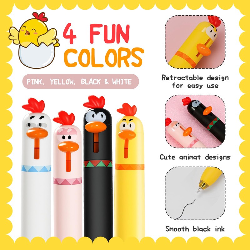 Jicoyin 12 PCS Funny Chicken Retractable Gel Pens Cute Novelty