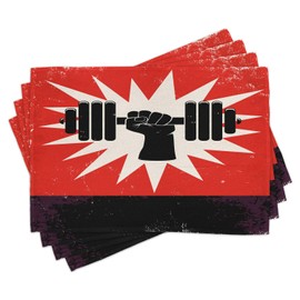 Ambesonne Fitness Place Mats Set of 4, Grunge Display of Hand Lifting Dumbbell Effect Workout Vintage Design, Washable Fabric Placemats for Dining Room Kitchen Table Decor, Vermilion Black Cream