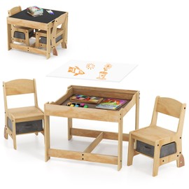 HONEY JOY Kids Table and Chairs, 3-in-1 Children Sturdy Wooden Activity Set w/Storage Drawers, Removable Double-Sided Tabletop, for Art, Craft, Drawing, Reading, Toddler Table and Chair Set (Gray)