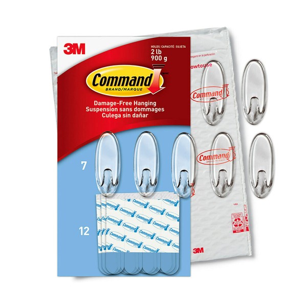 Command Medium Wall Hooks, Damage Free Hanging Wall Hooks with Adhesive Strips, No Tools Wall Hooks for Hanging Back to School Dorm Organizers, 7 Clear Wall Hooks and 12 Command Strips