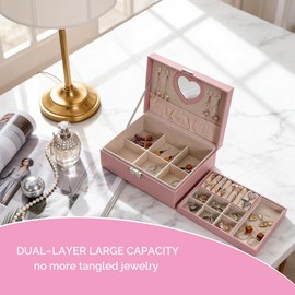 Jewelry Box Organizer for Women, 2-Layer Large Jewelry Storage Boxes with Mirror Ideal Gift Earrings Box Case for Necklace, Bracelet, Rings & Studs, Stackable Jewelry Organizer Box for Bedroom Vanity