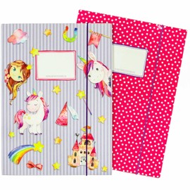 Papierdrachen 2 high-quality school folders for children, DIN A4, unicorn motif, postal folder for primary school students, folder collector, set number 2