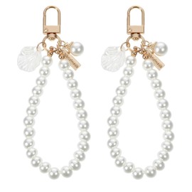 2 Pcs Faux Pearl Keychain Straps Beaded Keyring Lanyard White Pearl Wristlet Keychain for Women Girls Elegant Shell Purse Charms Keyrings Backpack Key Pendant Accessories for Purse Wallet Bag