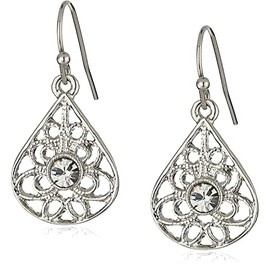 1928 Jewelry Vintage Inspired Teardrop Filigree Sparkling Round Clear Crystal Earrings For Women, Fish Hook, Silver Tone, Made In USA