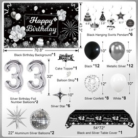 Miidenks 33rd Birthday Decorations Set for Man Women,Black Silver Happy 33 Birthday Party Supplies with Birthday Backdrop Banner Birthday Tablecloth 33 Number Balloons for Her Him