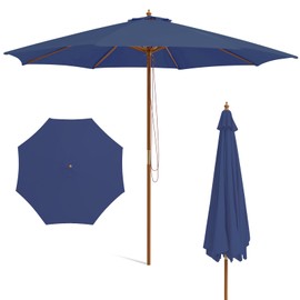 HAPPYGRILL 10 FT Wooden Patio Umbrella with Rope Pulley Lift, 8 Bamboo Ribs, 3 Adjustable Heights, Vented Roof, Outdoor Table Umbrella for Garden Poolside Backyard (Navy)