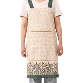 patdrea Beige Floral Linen Apron with Pocket,Fresh Stylish Kitchen and Garden Aprons for Women and Men, Crisscross Back Straps, Unisex Aprons for Chef,BBQ,Drawing L: 29.5" W: 29.5"