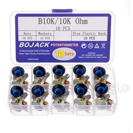 BOJACK 10 Sets B10K Knurled Shaft 3 Terminals Linear Taper Rotary Potentiometer(WH148)10K Ohm Single Turn Carbon Film Variable Resistor with Blue Plastic Knobs Kit