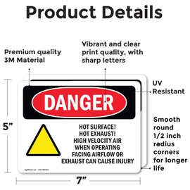 (2 Pack) Hot Surface! Hot Exhaust! High OSHA Danger Sign 7 Inch X 5 Inch Vinyl Label Decal Sticker Weather Resistant, UV Protected for Workplace, Business, and Construction Site, Made in the USA