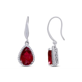 Red Simulated Ruby & White Cubic Zirconia Pigeon Blood Dangle Earrings in 925 Sterling Silver