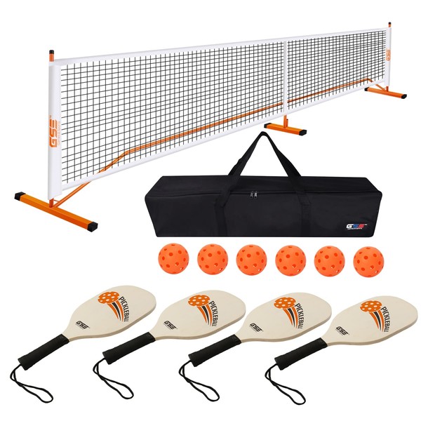 GSE Portable Pickleball Complete Net Set with Professional Pickleball Net, 4 Pickleball Paddles, 6 Pickleballs, Carrying Bag for Outdoor(Orange)