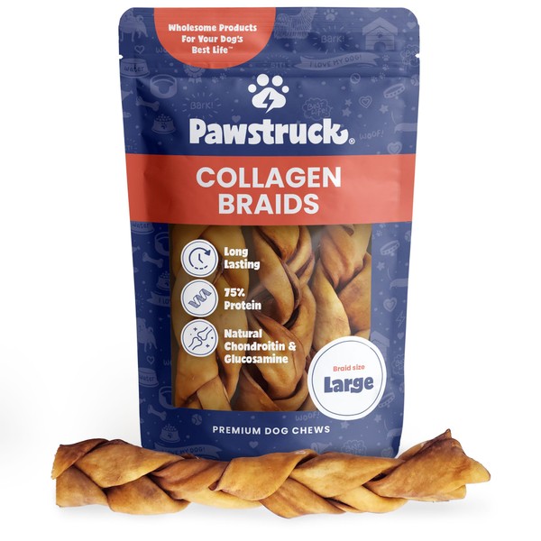 Pawstruck Natural Large 10-13” Beef Collagen Braids for Dogs - Healthy Long Lasting Alternative to Traditional Rawhide & Bully Sticks - Low Fat Dental Treats w/Chondroitin & Glucosamine - 3 Count